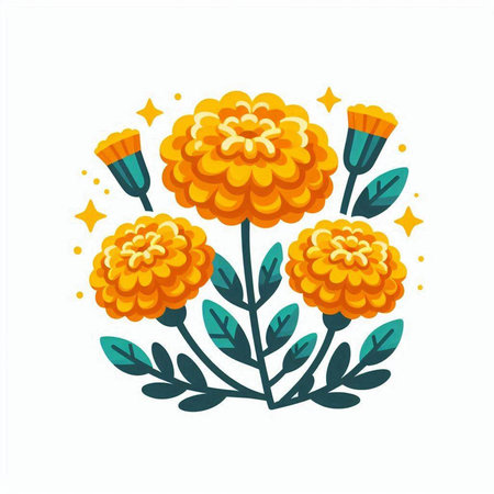 Marigold flowers with leaves. Vector illustration in cartoon style.のイラスト素材