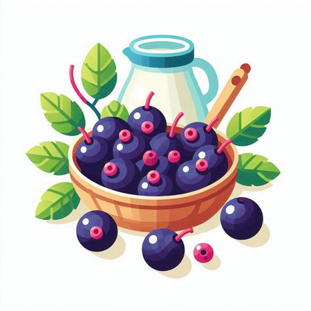 Bowl of fresh ripe blueberries and a jug of milk. Vector illustration.のイラスト素材