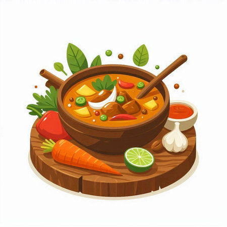 Vector illustration of a bowl of spicy soup with vegetables and spices.のイラスト素材