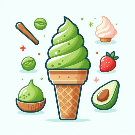 Vector illustration of ice cream in waffle cone with fruits and berries.のイラスト素材