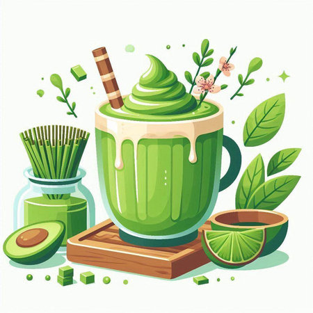 Green smoothie with lime and mint. Detailed vector illustration.のイラスト素材