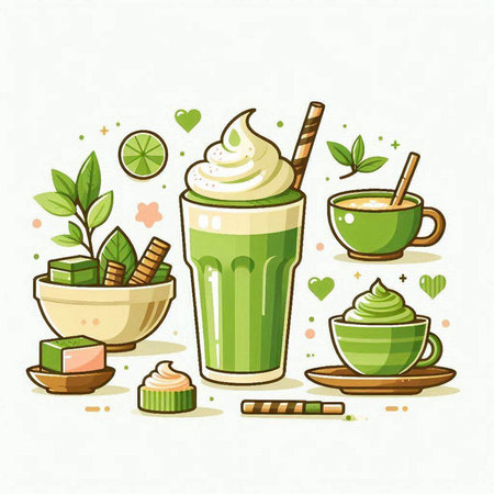 Iced matcha latte and green tea. Vector illustration.のイラスト素材