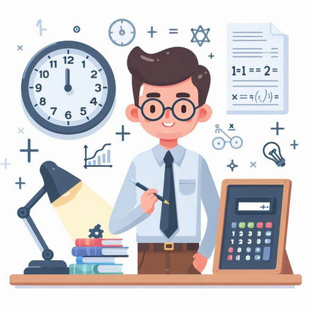 Schoolboy at the desk with books, calculator and clock. Vector illustrationのイラスト素材