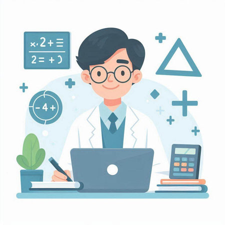Young male doctor sitting at his desk in front of laptop. Vector illustrationのイラスト素材