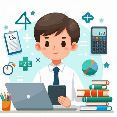 Young man with laptop, calculator and books. Vector flat design illustration.のイラスト素材