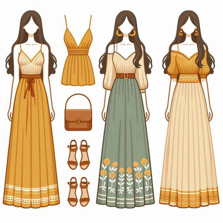 Vector illustration of a set of women's dresses in retro style.のイラスト素材