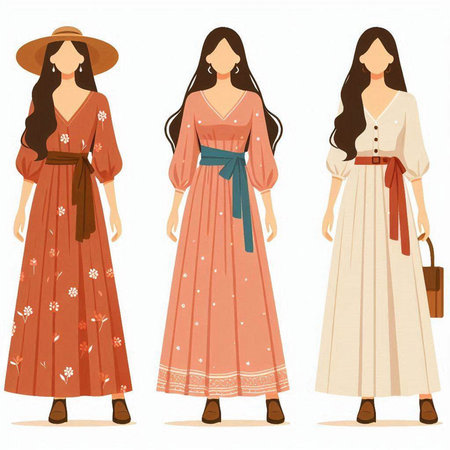 Fashionable women in long dress and hat. Vector illustration.のイラスト素材