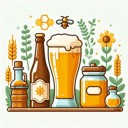 Beer and honey set. Vector illustration in flat style on white background.のイラスト素材