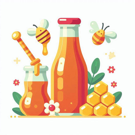 Honey in a glass jar and honeycombs. Vector illustration.のイラスト素材