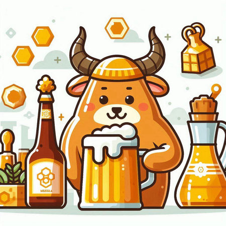 Cute cartoon cow with beer. Vector illustration for your design.のイラスト素材