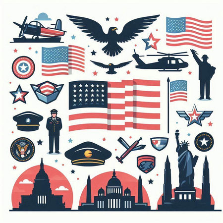 Vector set of american symbols in flat style. Vector illustration.のイラスト素材