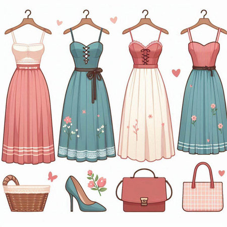 Set of women's dresses and accessories on a white background. Vector illustration.のイラスト素材