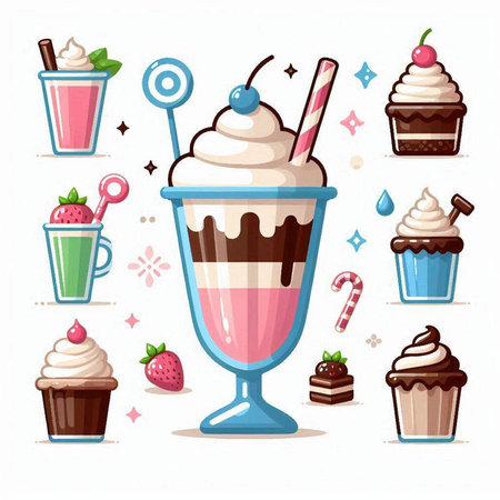 Cup of milkshake with different toppings, vector illustrationのイラスト素材