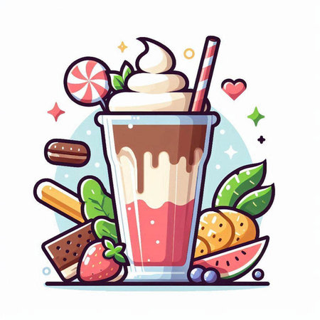 Vector illustration of milkshake with whipped cream, ice cream, fruits, candies, berries, nuts.のイラスト素材