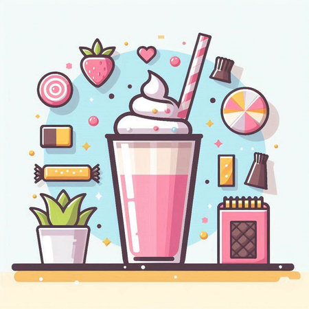 Vector illustration of a pink milkshake in a glass on a light background.のイラスト素材