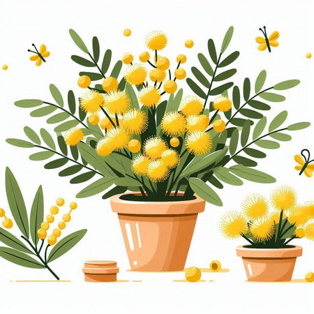 Floral background with mimosa flowers in a pot. Vector illustration.のイラスト素材
