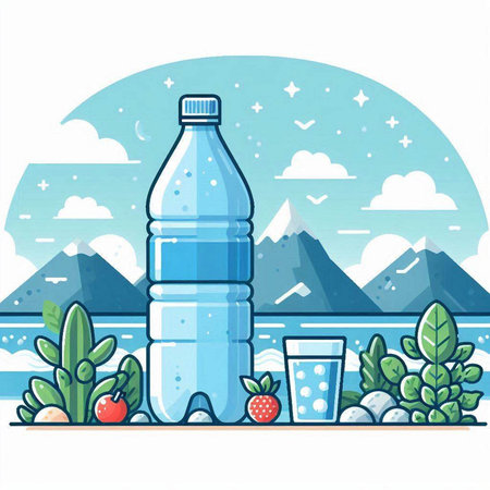 Plastic bottle of water on the background of mountains. Vector illustrationのイラスト素材