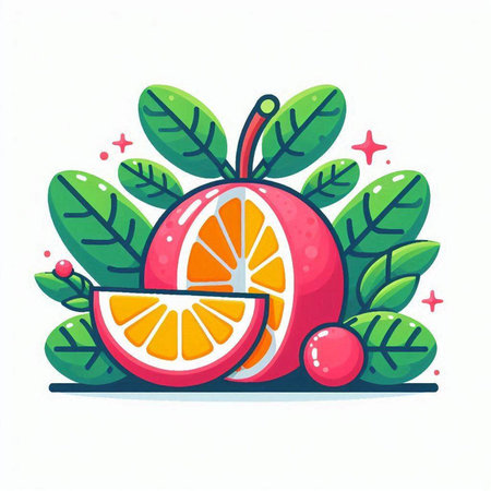 Orange fruit with leaves and berries. Vector illustration in cartoon style.のイラスト素材