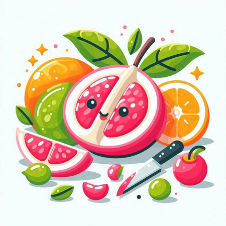Fruit character with a knife. Vector illustration in cartoon style.のイラスト素材