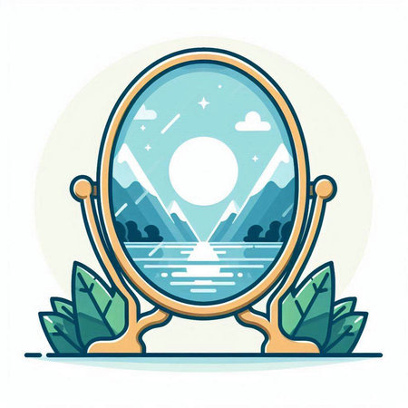 Mirror with lake and mountains in the background. Vector illustration.のイラスト素材