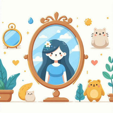 Vector illustration of a girl in front of a mirror with a catのイラスト素材