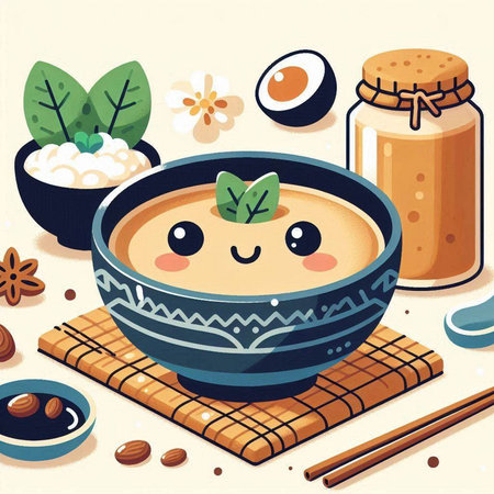 Vector illustration of a bowl of miso soup with chopsticks and ingredientsのイラスト素材