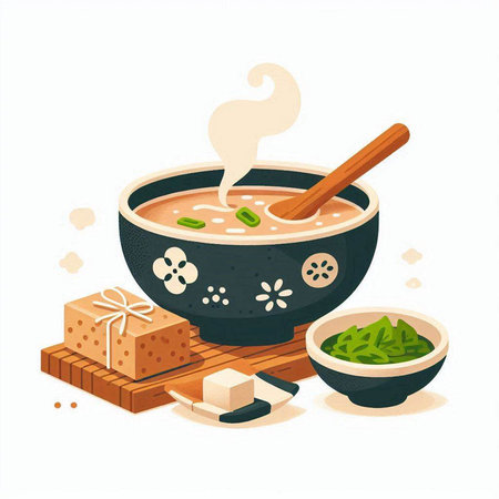 Vector illustration of a bowl of miso soup with chopsticks and ingredients.のイラスト素材