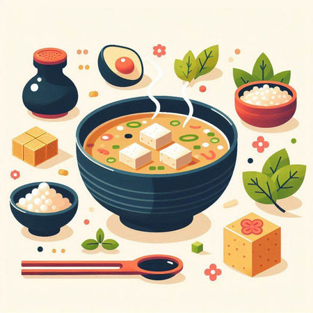 Japanese soup with tofu, rice and vegetables. Vector illustration in flat styleのイラスト素材