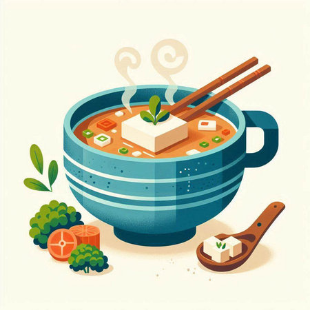 Japanese soup in a blue bowl with chopsticks. Vector illustration.のイラスト素材