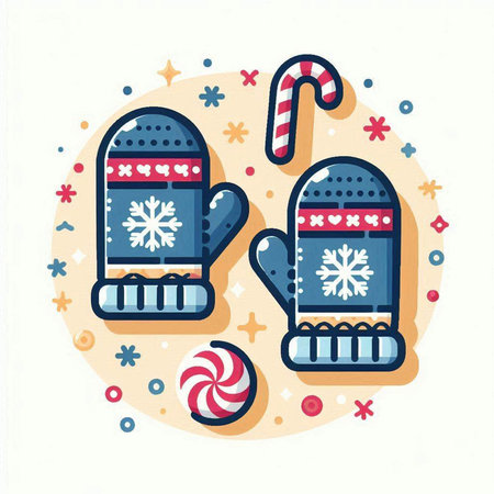 Vector illustration in flat linear style - Christmas mittens, candies and snowflakesのイラスト素材