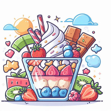 Colorful vector illustration of a bowl of ice cream with fruits and berriesのイラスト素材