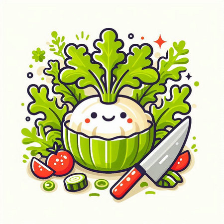 Vegetable salad. Cute cartoon character. Vector illustration.のイラスト素材