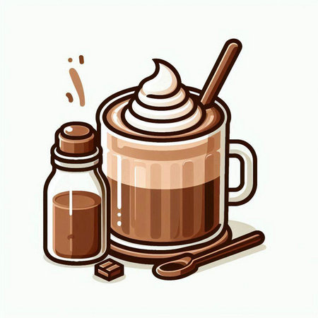 Coffee cup with whipped cream, sugar and cinnamon. Vector illustration.のイラスト素材