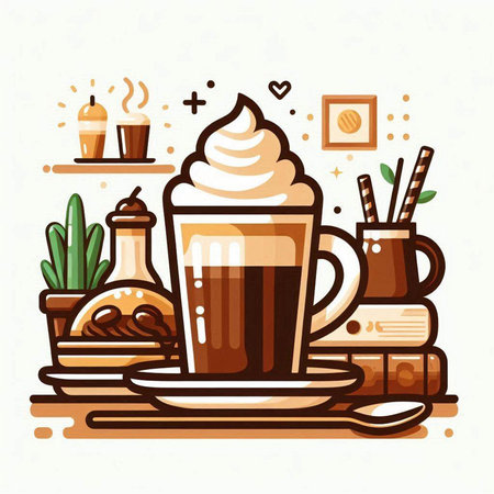 Coffee shop vector illustration. Cappuccino, latte, cappuccino, latte, cappuccino, espresso, latte, cappuccino, latte, cappuccinoのイラスト素材