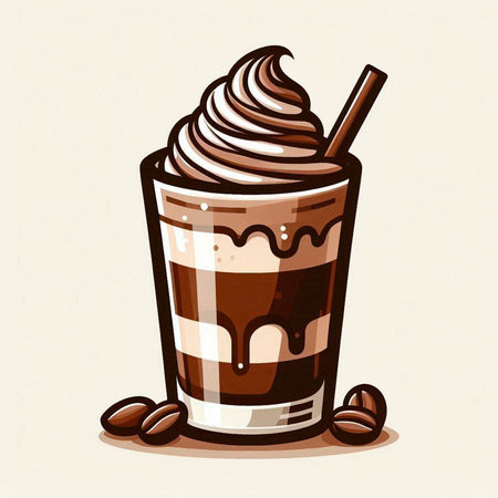 Iced coffee with whipped cream and coffee beans. Vector illustration.のイラスト素材
