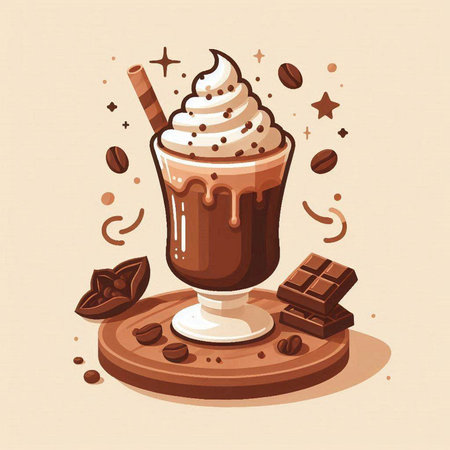 Coffee cup with whipped cream and chocolate. Vector illustration.のイラスト素材