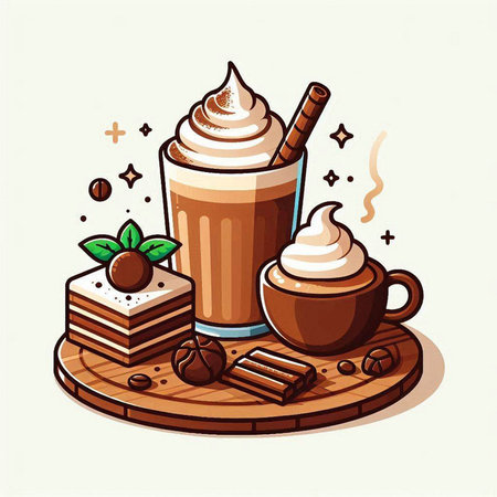 Coffee cup with whipped cream, chocolate and cookies. Vector illustration.のイラスト素材