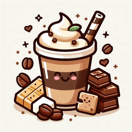 Coffee cup with whipped cream and chocolate, vector illustration.のイラスト素材