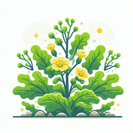 Illustration of a green plant with yellow flowers on a white backgroundのイラスト素材