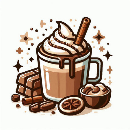Coffee cup with whipped cream and cinnamon stick. Vector illustration.のイラスト素材
