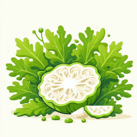 Illustration of a fresh green lettuce and guava on a white backgroundのイラスト素材