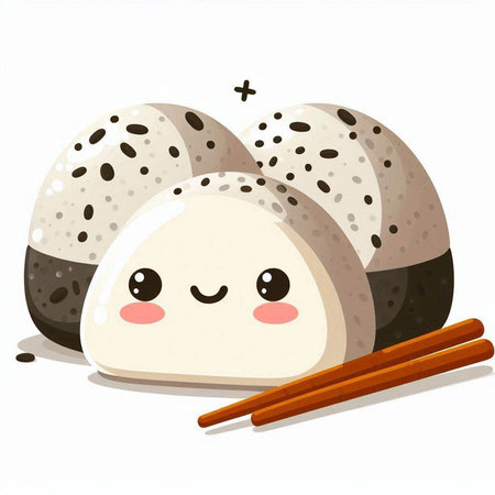 Illustration of a cute rice ball with chopsticks on a white backgroundのイラスト素材