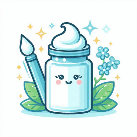 Cute cartoon jar with cream and paintbrush. Vector illustration.のイラスト素材