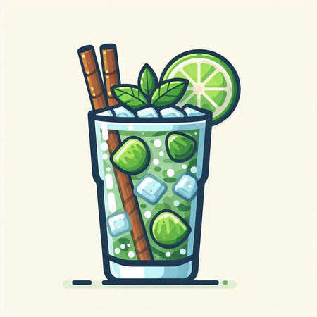 Mojito cocktail with lime, ice and mint. Vector illustration.のイラスト素材