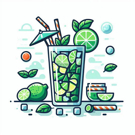 Mojito cocktail with lime, mint and ice. Vector illustrationのイラスト素材