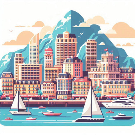Vancouver, America. Vector illustration in flat style. Cityscape with buildings, skyscrapers and boats.のイラスト素材