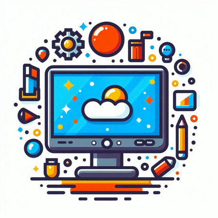 Colorful vector illustration of a computer with cloud computing and multimedia icons.のイラスト素材