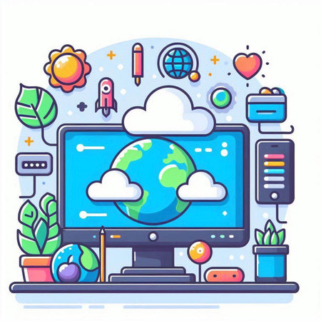 Flat design modern vector illustration concept of online education, e-learning, video tutorials, distance learning and webinar.のイラスト素材