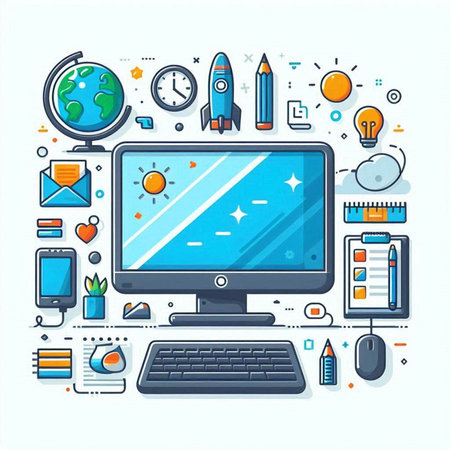 Modern flat line design vector illustration concept of online education, e-learning, distance education, e-learning, webinar.のイラスト素材