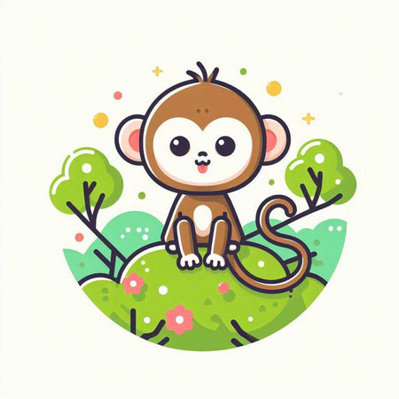 Cute monkey sitting on the grass in the park. Vector illustration.のイラスト素材